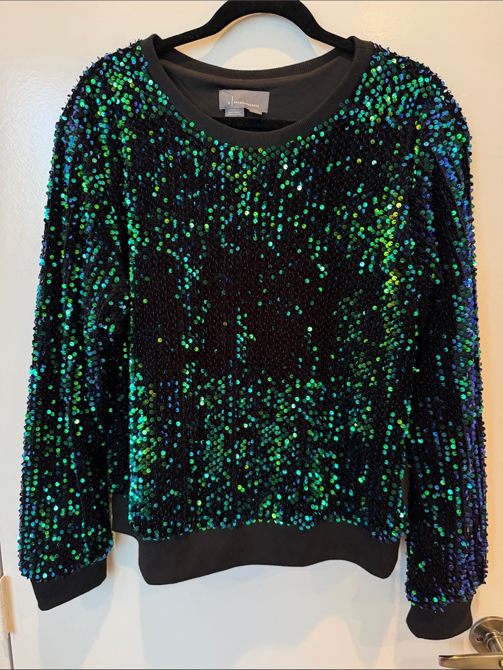 Anthropologie Sequin Crewneck Sweater - Black with Green/Blue Iridescent Sequins
